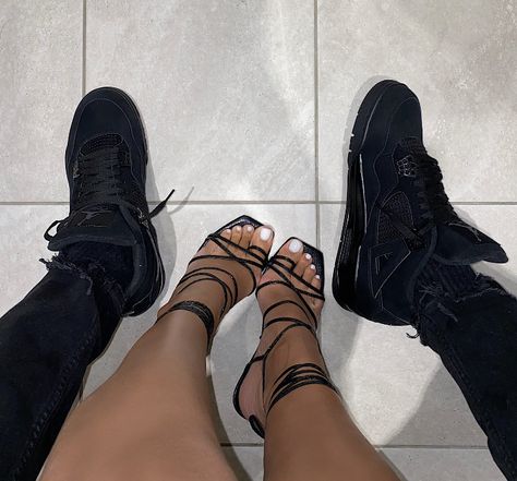 Heels And Shoes Couple, Jordan 4 Black Cat Outfit, Jordan Couples, Black Cat Outfit, Jordan 4 Black, Heels Aesthetic, Couple Shoes, Cute Relationship Photos, Matching Couple Outfits