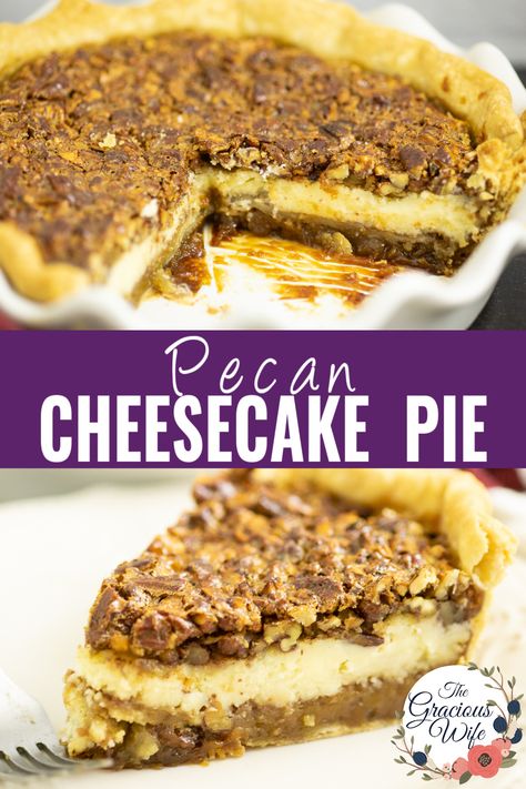 The only thing better than classic pecan pie is Pecan Cheesecake Pie. Combine the best of both worlds with the decadent gooey caramel flavor of pecan pie filling and crunchy pecans paired with rich, creamy vanilla cheesecake. Easy Pecan Cheesecake Recipes, Pecan Meal Recipes, Slow Cooker Pecan Pie, Home Made Pecan Pie Recipes, Pecan Pie Variations, Pecan Pie Trifle Recipe, Pecan Pie Cheesecake Recipe Easy, Angel Pecan Pie, Pecan Pies Recipes