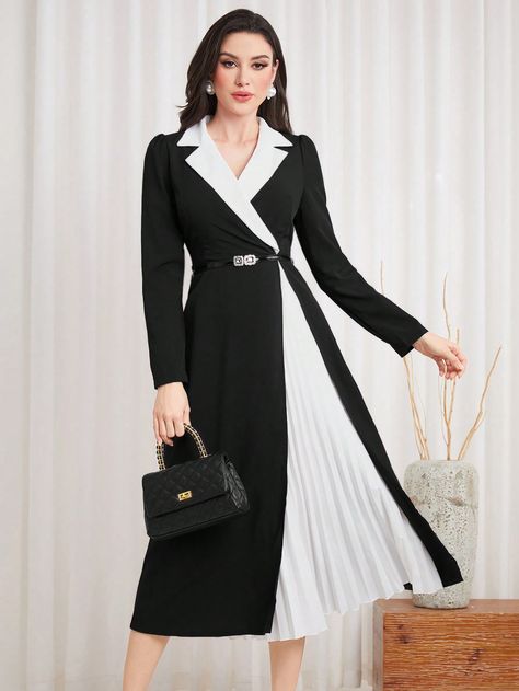 Black Elegant Collar Long Sleeve Fabric Colorblock A Line,Shirt Embellished Non-Stretch  Women Clothing Patchwork, Black And White Dress Classy Elegant, White Dress Classy Elegant, Shirt Dresses For Women Classy, Black And White Dress Classy, White Dress Classy, A Line Shirt, Shirt Dresses For Women, Western Clothes