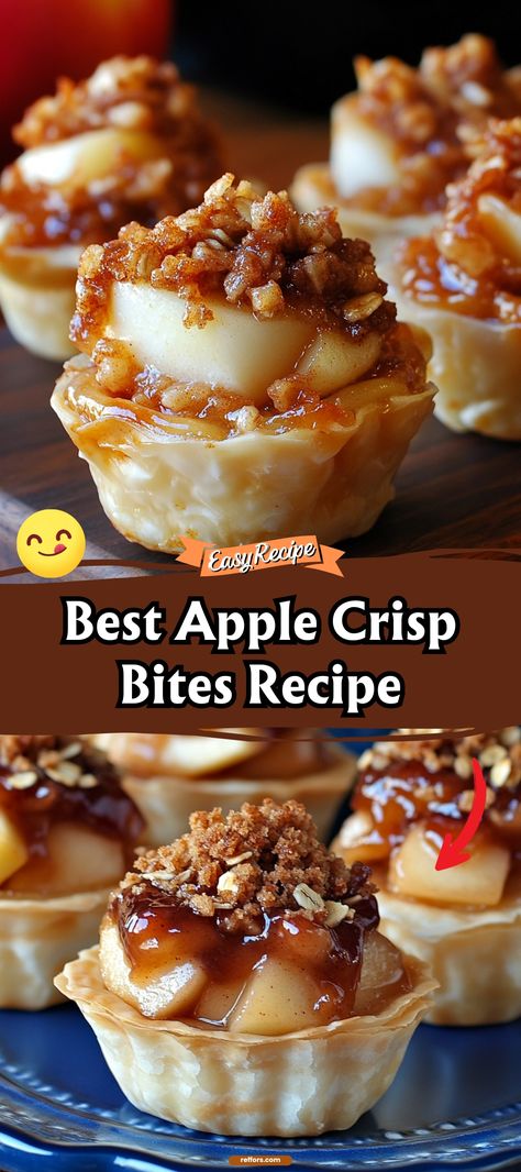 Savor the taste of fall any time with these delectable Apple Crisp Bites. Tiny, tarte apple pieces enveloped in a crispy oat topping make these bites a perfect small treat or a great addition to any autumn gathering. #AppleCrispBites #FallDesserts #TinyTreats Caramel Apple Crisp Bites, Apple Crisp Bites Recipe, Honey Crisp Apple Recipes, Mini Apple Crisp Recipe, Apple Crisp Bites, Apple Bites Recipe, Apple Oats, Apple Crisp Dessert, Autumn Gathering