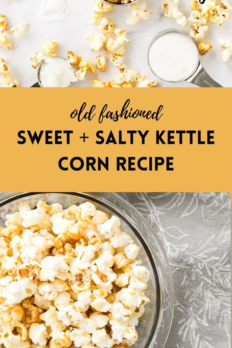 These sweet and salty kettle corn recipe is simple and easy to make! Old fashioned kettle corn tastes just like at the fair! Kettle Corn Popcorn Recipe, Homemade Popcorn Recipes, Homemade Kettle Corn, Kettle Corn Recipe, Kettle Corn Popcorn, Salty Popcorn, Sweet Popcorn, Popcorn Treats, Homemade Popcorn