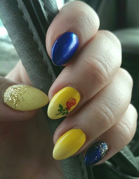 Beauty and the Beast subtle nails Disney Tangled Nail Designs, Beauty Beast Nail Designs, Beauty Beast Nails, Disney Beauty And The Beast Nails, Beauty And Beast Nails Art Ideas, Beauty And The Beast Themed Nails, Disney Nails Beauty And The Beast, Beauty And The Beast Nails Simple, Beauty And The Beast Wedding Nails