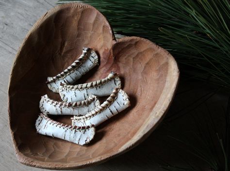 A few more canoes added to my collection.  I made these out of birch that I gathered from one of our downed trees, small poplar twigs, and raffia.  They're small, just over 2" long.    Tutorial here:  lilfishstudios.blogspot.com/2010/12/tiny-birch-bark-canoe... Bark Idea, Birch Bark Crafts, Birch Bark Baskets, Birch Craft, Natural Essence, Nativity Crafts, Canoes, Birch Bark, Camping Crafts