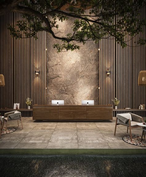 Lobby space Hotel Reception Lounge Design, Hotel Reception Back Wall Design, Hotels Lobby Design, Hotel Lobby Seating Design, Hotel Lobby Inspiration, Residential Entrance Lobby Design, Hotel Reception Design Ideas, Modern Luxury Hotel Lobby, Japandi Lobby Design