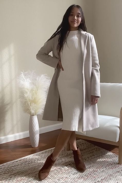 Tan Dress Winter Outfit, Sweater Dress And Coat Outfit, Womens Cream Sweater Dress, White Dress With Coat Outfit, Long Ribbed Dress Outfit Winter, White Bodycon Dress Outfit Winter, Midi Dress And Boots Outfit Winter, Oatmeal Sweater Dress Outfit, Cream Jumper Dress Outfit