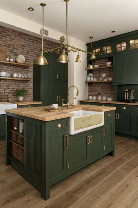 Green Gold Palette, Küchen In U Form, Dapur Rustic, Green Kitchen Designs, Kitchen Dark, Dark Green Kitchen, Cabinets Corner, Model Dapur, Dark Countertops