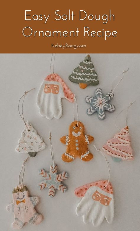 Easy Salt Dough Ornament Recipe- Perfect For Handprints! - Kelsey Bang Natal, Baby Christmas Crafts, Salt Dough Ornament, Salt Dough Christmas Ornaments, Salt Dough Recipe, Christmas Homescreen, Handprint Ornaments, Decoration Vitrine, Food Ornaments