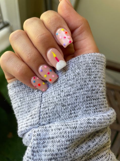 Daycare Teacher Nails, Birthday Cake Nail Art, Fun Birthday Nails Short, First Birthday Nails, Birthday Nails Colorful, Birthday Cake Nails Design, Sprinkle Nail Art, Dear Nails, Fun Birthday Nails