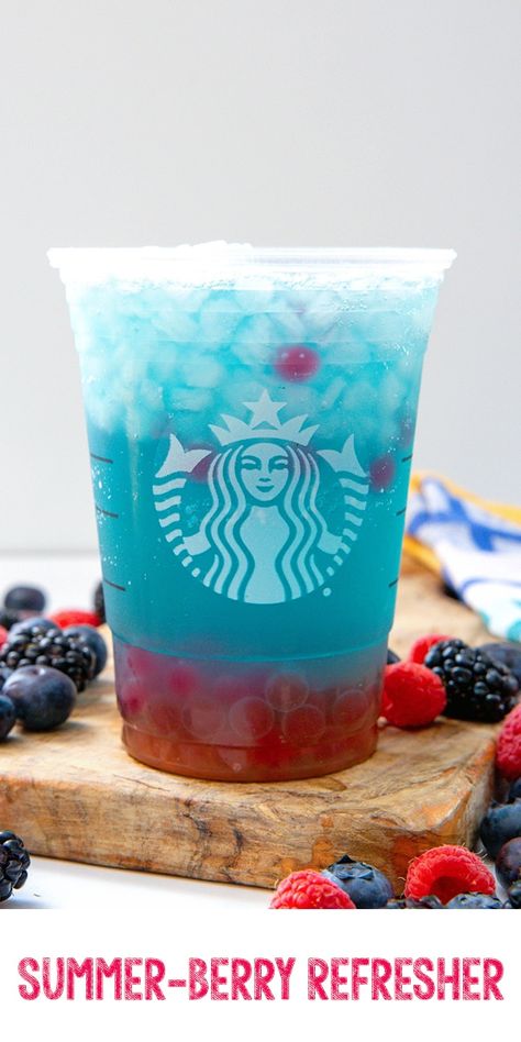 Summer-Berry Refresher {Starbucks Copycat} -- Summer is here at Starbucks and the new Summer-Berry Refresher is a blue-hued drink packed with the sweet taste of berries and featuring raspberry pearls that burst with even more flavor. This easy copycat recipe will let you enjoy the drink at home all summer long (and beyond)! via @wearenotmartha Summer Berry Refresher, Refresher Starbucks, Spring Drinks, Berry Popsicles, Blue Raspberry Lemonade, Raspberry Drink, Spring Drink, Berry Drinks, Starbucks Diy