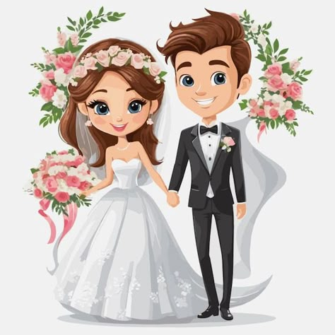 Wedding Cartoon Images, Wedding Caricature Couple, Wedding Clipart Free, Wedding Anniversary Images, Groom Cartoon, Wedding Cartoon, Anniversary Images, Bride And Groom Cartoon, New Year Card Design