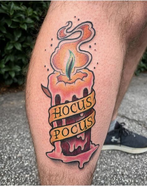 Black Flame Candle Tattoo, Disney Halloween Tattoos, Scary Tattoo Ideas, Hocus Pocus Tattoo, Fine Tattoos, Hocus Pocus Candle, Fall Tattoos, 13th Friday, Leg Tats