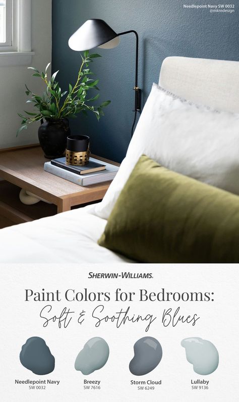 For a beautiful-in-blue bedroom, try these paint colors from Sherwin-Williams. Tap this pin to order free color chips including Needlepoint Navy SW 0032, Breezy SW 7616, Storm Cloud SW 6249, and Lullaby SW 9136. Thanks for sharing your #SWColorLove, @mkredesign and @studio.tk.photography (both on Instagram). #sherwinwilliams #bedroom #blue #bluepaint #diy #paint #painting #decor Breezy Paint Sherwin Williams, Blue Mystery Sherwin Williams, Blue Bedroom Wallpaper Ideas, Medium Blue Paint Colors Sherwin Williams, Behr Dark Storm Cloud Bedroom, Sherwin Williams Riverway Bedrooms, Storm Cloud Sherwin Williams Bedroom, She Twin Williams Bedroom Colors, Navy Bedroom Paint Colors