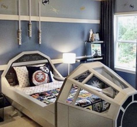 The Millennium Falcon is the ULTIMATE bed for a Jedi-in-training. How much do you love the #starwars room @marycookassociates designed for one very lucky fan? #shoplinkinbio #lovemypbk Millennium Falcon Bed, Starwars Room Ideas Boys, Star Wars Room Ideas, Star Wars Boys Bedroom, Star Wars Kids Room, Sports Paint, Decoracion Star Wars, Paint Space, Vintage Superhero