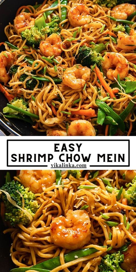 Make your takeout favourite Shrimp Chow Mein at home in less than 30 minutes. Easy, foolproof recipe with authentic results! Juicy shrimp tossed with flavour packed vegetables and noodles. This dish is healthy, easy and affordable. Shrimp Noodles Recipes, Shrimp Lo Mein Recipe, Vikalinka Recipes, Shrimp Chow Mein, Rice Noodle Recipes, Wok Recipes, Chinese Dinner, Homemade Chinese, Homemade Chinese Food