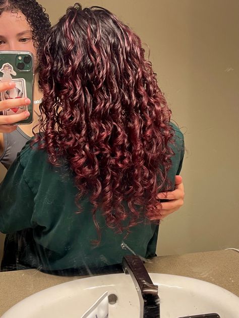 Red Curly Hair With Layers, Red Color Curly Hair, Red Color On Curly Hair, Wine Red Hair On Curly Hair, Curly Hair With Red Underneath, Red Dye On Curly Hair, Cherry Cola Hair Color On Curly Hair, Black With Red Highlights Curly Hair, Cherry Red On Curly Hair