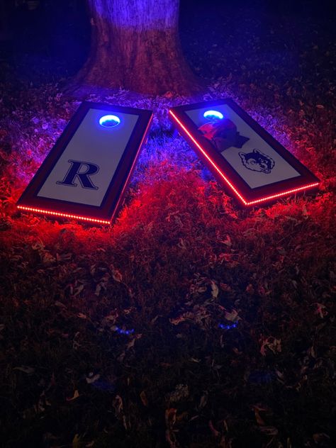 Cornhole boards we built including led lighting. Halloween Corn Hole Boards, Halloween Rager, Halloween Cornhole, Corn Hole Boards, Corn Hole, Cornhole Boards, Led Lighting, String Lights, Wood Projects