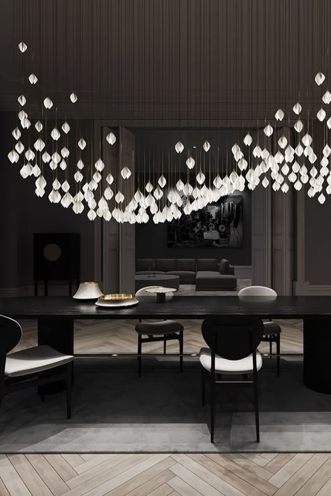 The Bloom lighting range by Haberdashery is inspired by nature's budding blooms, each hand formed porcelain bud is illuminated from within, creating a gentle glow of atmospheric lighting. The Large Rectangle composition appears to form and disperse as the viewer moves around the installation, acting as a unique focal point in dining rooms and contemporary living rooms.

#luxurylighting #porcelain #luxuryinteriors #luxurychandelier #interiorlighting #modernluxury #chandelier #pendantlighting Chandelier Art, Luxury Lamps, Flower Chandelier, Floor Lamps Living Room, Bedroom Views, Diy Ceramic, Ceramic Flower, Magnolia Flower, Brass Lighting