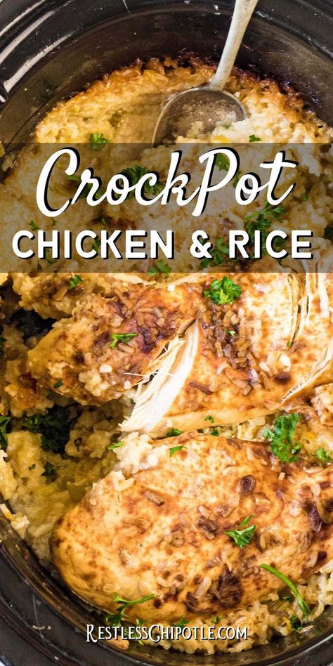 Creamy crock pot chicken and rice is one of those family-friendly meals makes busy weeknight dinners easy and delicious! No one turns down comfort food after a long day! Crockpot Chicken Ideas For Dinner, Meals With Chicken Crockpot, Slow Cooker Recipes Chicken And Rice, Easy Crock Pot Chicken And Rice, Crockpot Meals Chicken And Rice, Crock Pot Chicken Rice Recipes, Crockpot Chicken With Rice Recipes, Crockpot Chicken Recipes With Rice, Chicken And Rice Crock Pot Meals