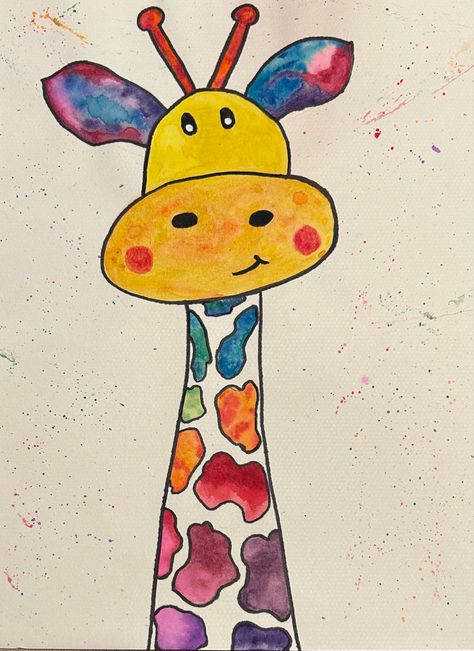 Watercolor painting of a giraffe for kids Happy Paintings Easy, Watercolor Kids Projects, Giraffe Art For Kids, Elementary Watercolor Art Projects, Watercolor Birthday Cards Diy, Watercolor Cat Easy, Watercolour For Kids, Watercolor Projects For Kids, Watercolor For Kids