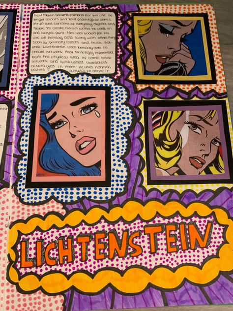 Pop Art Sketchbook Page, Pop Art Title Page Gcse, Roy Lichtenstein Artist Research Page, Pop Art Research Page, Colour Theory Sketchbook Page, Roy Litchenstein, Artist Analysis, Hsc Art, Andy Warhol Artwork