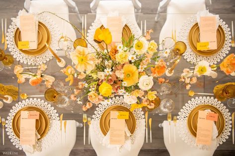 Yellow And Orange Tablescape, Elegant Orange Wedding Decor, Yellow Orange Party Decor, Elegant Yellow Wedding, Peach Festival Ideas, Modern Yellow Wedding, Pink Orange Yellow Wedding Centerpieces, Retro Flower Centerpieces, Golden Yellow Wedding Theme