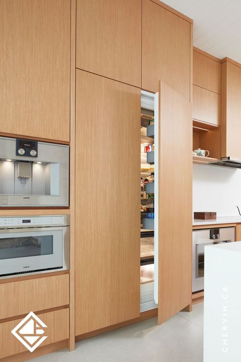 https://www.chervin.ca/site/inspirations/detail/huron-kitchen Integrated Kitchen Appliances, Integrated Kitchen, Kitchen Design Showrooms, Cabinet Fridge, Fridge Cabinet, New Home Build, Kitchen Styling Modern, White Oak Kitchen, Clever Kitchen Storage