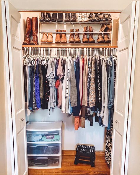 Save on floor space and put your shoes on the top shelf Shoes On Top Shelf Of Closet, Closet Shelf Decorating Ideas, Closet Top Shelf Organization, Top Shelf Closet Organization, Shoe Shelf Closet, Closet Spaces, Shelf Closet, Closet Shoe Storage, Shoe Rack With Shelf