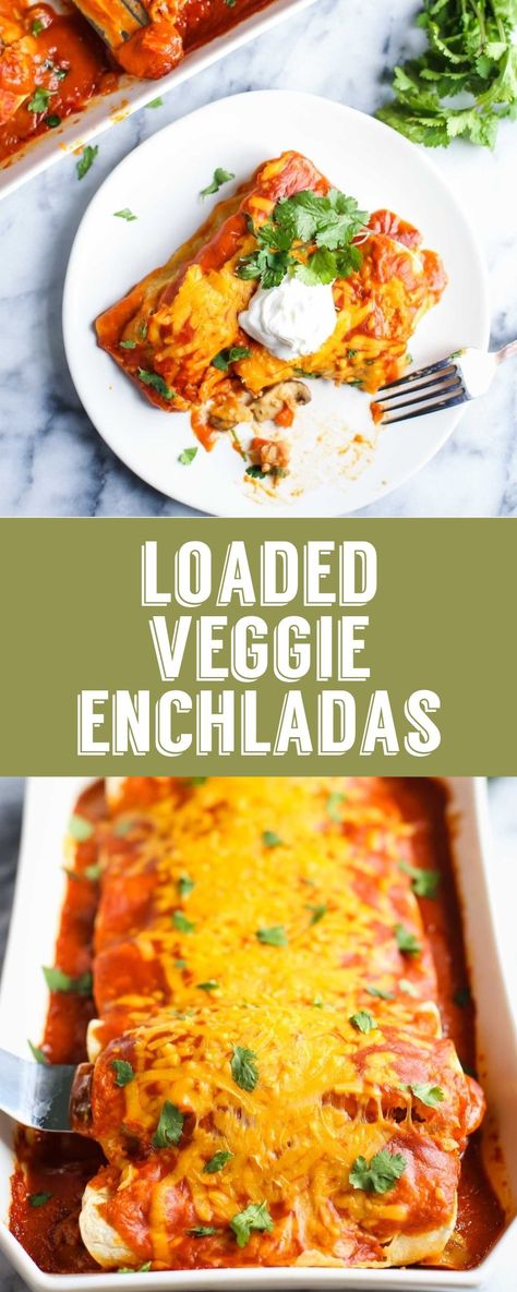 Loaded Veggie Enchiladas- these vegan enchiladas are filled with sauteed veggies and make for a great meat free dinner! #vegandinner #enchiladas #meatlessmonday Chicken Enchiladas Easy Red Sauce, Sauteed Chicken Recipes, Red Sauce Chicken, Easy Red Sauce, Vegetarian Enchiladas Recipe, Enchiladas Easy, Vegetable Enchiladas, Slow Cooker Balsamic Chicken, Veggie Enchiladas