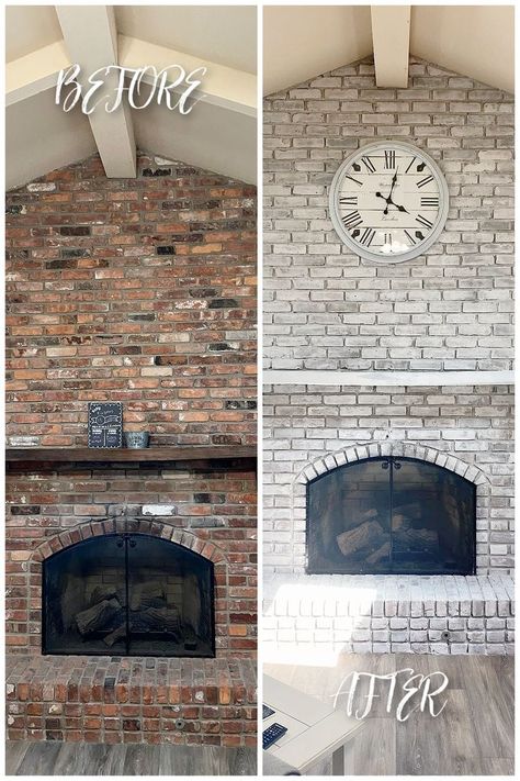 How To Clean Brick Fireplace, White Wash Fireplace Brick, Wash Brick Fireplace, Whitewash Brick Fireplace, Fireplace Updates, Brick Fireplace Remodel, Whitewash Brick, White Wash Brick Fireplace, Stove Ideas