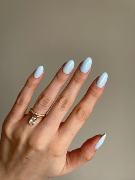 Nails 2023 Trends Light Blue, Powder Blue Dip Nails, Blueberry Milk Pedicure, Light Blue Milky Nails, Blueberry Milk Manicure, Cloud Blue Nails, Pale Blue Gel Nails, Blueberry Blue Nails, Milky Light Blue Nails