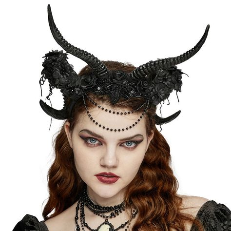 Punk Rave hairband with double horns, flowers and pearl necklace | BO Woman With Horns, Horn Ideas, Antler Headdress, Hair Horns, Horn Headdress, Grunge Dresses, Dark Demon, Black Horns, Demon Costume