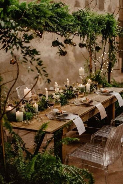 Wedding Plant Table Decor, Forest Theme Wedding Table Decor, Forest Theme Dinner Party, Forest Theme Table Setting, Woodland Table Scape, Moss Centerpiece Wedding Enchanted Forest, Enchanted Forest Dinner Party, Forest Wedding Table Setting, Enchanted Forrest Table Decor