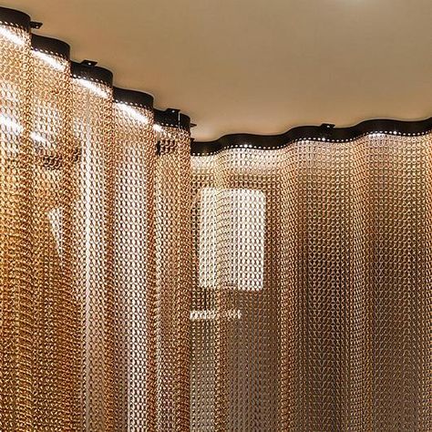 Metal Fabric - Undulating Space Dividers from Kriskadecor Metal Room Dividers, Metallic Interior Design, Metal Screen Design, Metallic Curtains, Fabric Divider, Fabric Partition, Metalic Fabric, Fabric Interior Design, Metal Divider