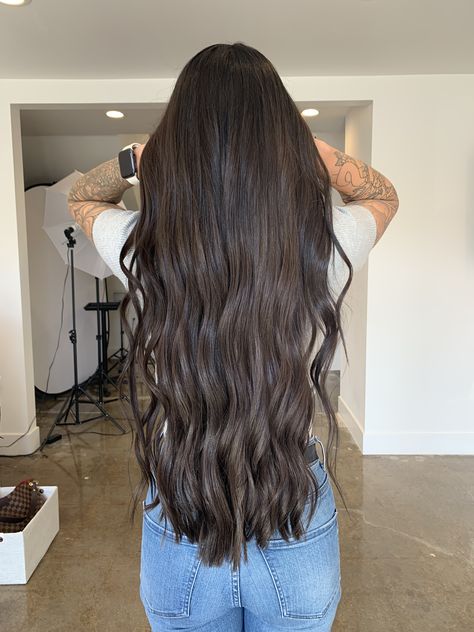 Long dark brown hair, wavy curls Long Thick Dark Brown Hair, Waist Length Dark Brown Hair, Long Dark Brown Hair Aesthetic, Long Hair Wavy Curls, Long Thick Brown Hair, Long Brown Hair Styles, Long Brown Hair Aesthetic, Long Wavy Dark Hair, Long Dark Wavy Hair