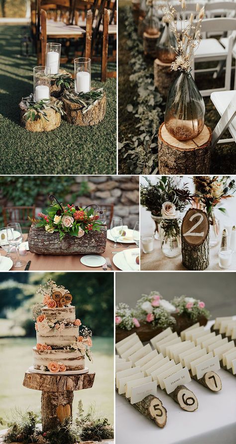 budget friendly diy wedding decoration with wood stump Outdoor Wood Wedding Ideas, Wooden Theme Wedding Decor, Wood Decoration Ideas For Wedding, Wood Ideas For Wedding, Wood Themed Wedding Centerpieces, Wood Themed Wedding Decorations, Boho Farmhouse Wedding Table Decor, Rustic Wedding On A Budget Diy, Wedding Wood Theme