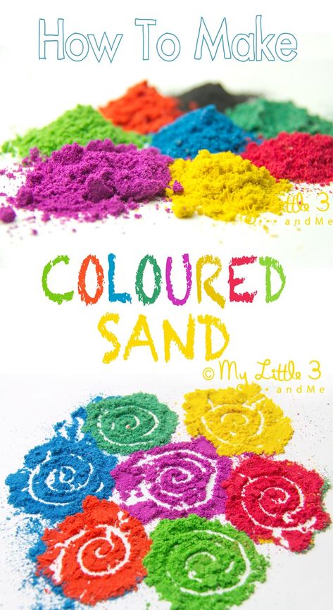 Make your own coloured sand. Vibrant and fun for all sorts of sand art projects like Rangoli patterns and sand bottles. Drawing Diwali, Diy Colored Sand, Sand Art Projects, Coloured Sand, Kids Craft Room, Rangoli Patterns, Sand Play, Diwali Craft, Sand Crafts