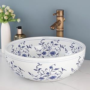 Lonuebu Bathroom Vessel Sink Blue and White Ceramic Vintage Sink with Art Faucet and Pop-up Drain Combo Colorful Vessel Sinks for Bathrooms and Vanity Art Porcelain Bathroom Sink Above Counter 16 Inch Ceramic Basin, Basin Sink, Sink Bathroom, Vessel Sink, Bathroom Sink, Drain, Faucet, Pop Up, Tap