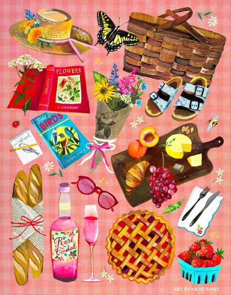 Happy Wall Art, Katie Daisy, Colorful Floral Art, Picnic Summer, Summer Illustration, Large Format Printing, Acrylic Artwork, Art Collage Wall, Large Format