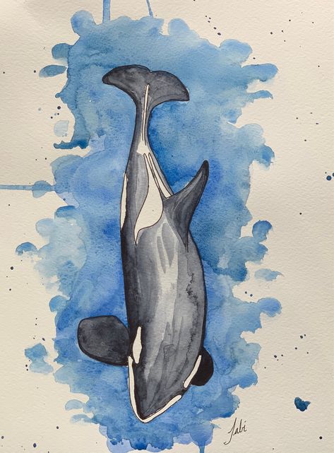 Watercolor Paintings Sea Animals, Orca Watercolor Painting, Art Inspiration Painting Watercolour, Orca Sketches, Orca Whale Drawing, Watercolor Art Animals, Drawing Ideas Watercolor, Orca Watercolor, Orca Drawing