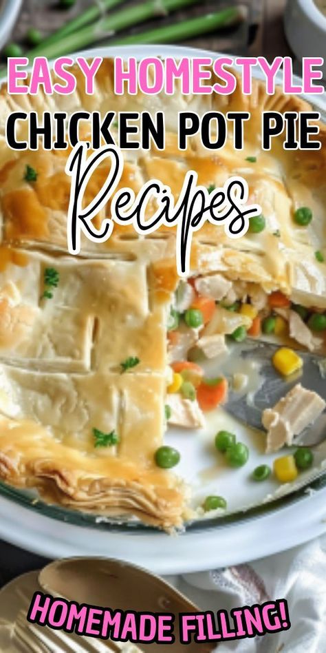 Easy Homestyle Chicken Pot Pie recipe. This timeless dish features tender chunks of chicken, savory vegetables, and a rich, creamy sauce, all encased in a flaky, golden crust. Whether enjoyed for a cozy family dinner or served up for a special occasion, this chicken pot Potpie Crust Recipe, Chicken And Dumplings Recipe With Biscuits, Chicken Pot Pie Crust, Homemade Pot Pie, Pot Pie Recipe Easy, Easy Chicken Pot Pie Recipe, Best Chicken Pot Pie, Chicken Pot Pie Recipe, Easy Pie Crust