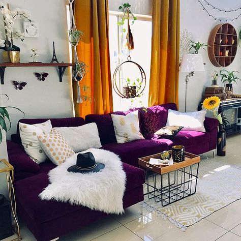 Purple Couch, Bohemian Furniture, Boho Furniture, Hippie Home Decor, L Shaped Sofa, Decoration Inspiration, Living Room Inspo, A Living Room, Couches Living Room