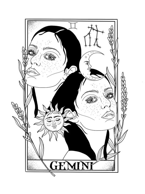 Gemini Tarot Card Art, Gemini Twins Drawing, Gemini Tattoo Two Faces, Gemini Art Drawing, Gemini Drawing Ideas, Gemini Sketch, Gemini Drawings, Gemini Goddess Tattoo, Starcodes Astro Oracle