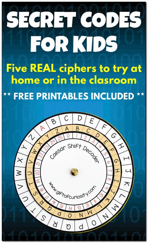 SECRET CODES FOR KIDS: Learn five REAL codes and ciphers that kids can use to send and receive secret messages. Download free printables with encryption and decryption tools for each code and cipher and get started today. Or upgrade to the Secret Codes Fun Pack for even more fun activities your kids can try with secret codes! || #freeprintable #printables #handsonlearning #giftofcuriosity || Gift of Curiosity Coding For Kids, Codes And Ciphers, Ciphers And Codes, Encrypted Messages, Code Secret, Escape Room Puzzles, Spy Party, Coded Message, Education Positive