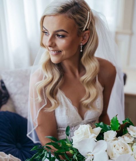 Bridal + Formal  Hairstylist on Instagram: “Glam waves for beautiful Bride Farron  captured perfectly by @steph.kindermann @gabbinbarhomestead  Flawless skin and signature fluffy…” Bridal Waves, Bride Hair Down, Fluffy Lashes, Glam Waves, Mid July, Romantic Curls, Wedding Hair Down, Bridal Hair Vine, Wedding Hair Pieces