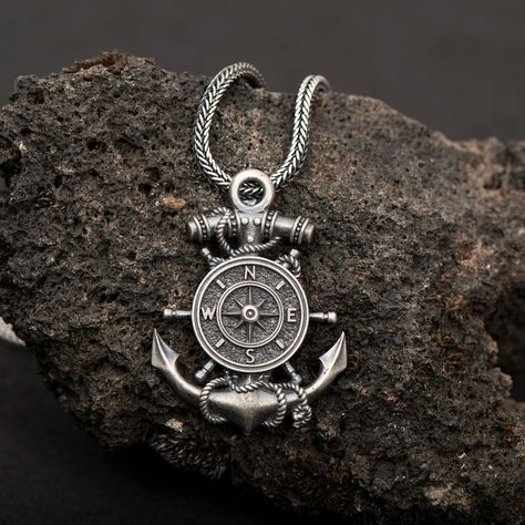 Silver Anchor Pendant with Compass, Oxidized Silver Nautical Anchor Necklace, 925k Sterling Mens Pendant, Father's Day Gift for Him Weight: 13 gr Nautical Necklace, Anchor Pendant, Compass Pendant, Anchor Necklace, Compass Necklace, Nautical Anchor, Mens Pendant, Oxidized Silver, Luxury Goods