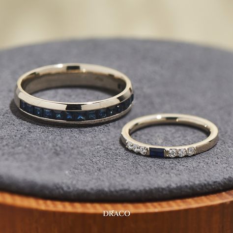 Matching Rings For Couples, Jewel Design, Couples Ring, Rings Ideas, Matching Wedding Rings, Couples Ring Set, Sapphire Band, Matching Rings, Square Cut