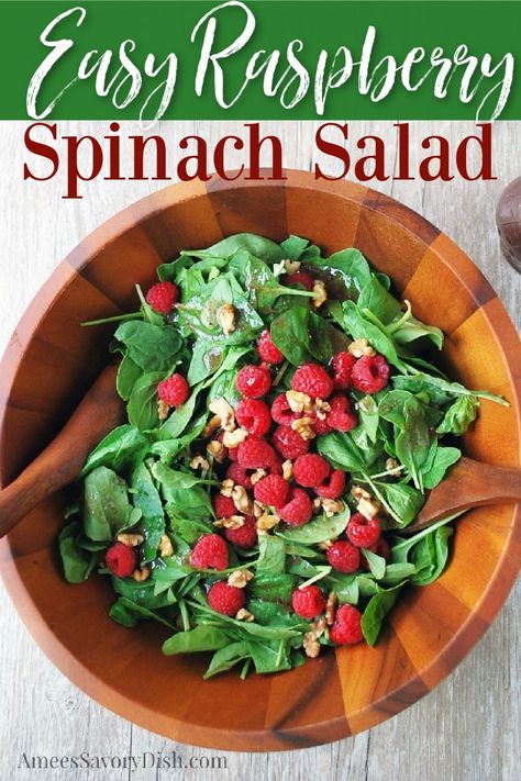 An easy raspberry spinach salad (aka Christmas salad) recipe made with fresh baby spinach, fresh raspberries, candied walnuts, and raspberry vinaigrette dressing. Raspberry Spinach Salad, Raspberry Salad Recipes, Spinach Feta Salad, Savory Potato Salad, Raspberry Vinaigrette Dressing, Raspberry Vinaigrette Salad, Aka Christmas, Raspberry Salad, Amazing Salads