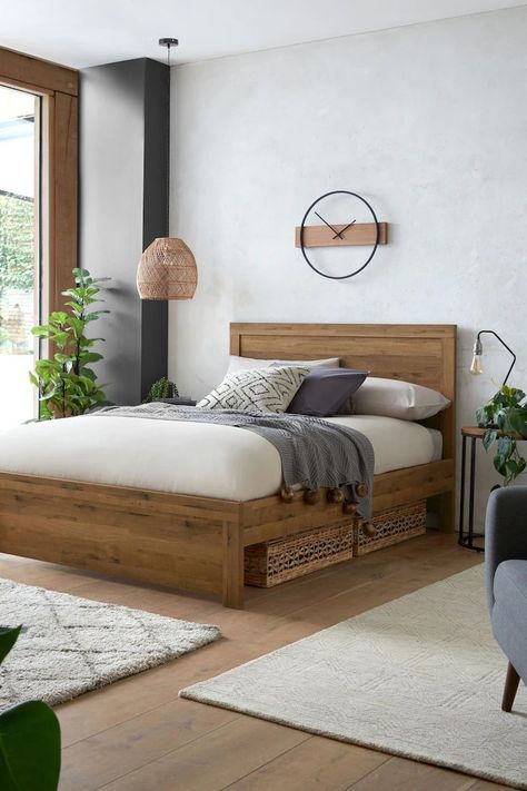 Boho Bedroom Beds & Frames, Modern Rustic Decor Bedroom, Mediterranean Bedroom Ideas, Parent Room, Bedroom Wooden Floor, Dark Wood Bed, Bed Makeover, Oak Bed Frame, Wooden Bedroom Furniture