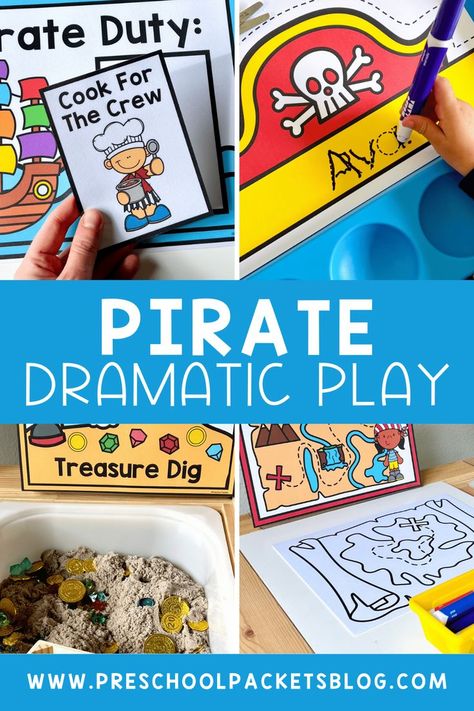 The great thing about this dramatic play is that it doesn’t take up a lot of space, you can easily set it up in your home or corner of your classroom. The majority of the set-up is just print and go, so less time shopping for supplies and more time playing (or sipping your coffee while your little ones play)! Pirate Dramatic Play Preschool, Summer Dramatic Play Ideas, Pirate Dramatic Play, Beach Dramatic Play, Pirate Role Play, Summer School Themes, Classroom Learning Centers, Summer Lesson Plans, Play Preschool