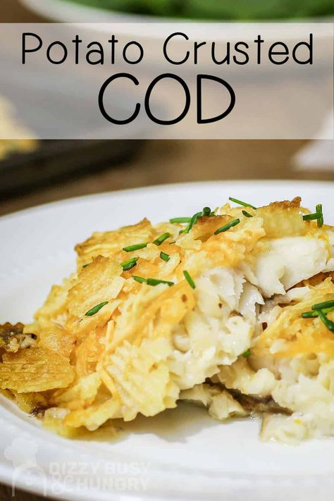 This Potato Crusted Cod recipe is an easy baked fish recipe the whole family will love! Potato chips form an easy crunchy coating for fish fillets. It's easy to make and delicious and only takes 10 minutes to make! No cod - no problem! Substitute with your favorite fish fillet. This meal comes together quickly for a delicious family friendly weeknight meal! #potatocrustedcod #bakedfish #15minutemeal #eatmorefish #seafoodlover #dizzybusyandhungry Potato Crusted Cod, Coating For Fish, Easy Baked Fish Recipes, Baked Fish Recipe, Fish For Dinner, Fillet Recipes, Crusted Cod, Cod Recipe, Recipe List